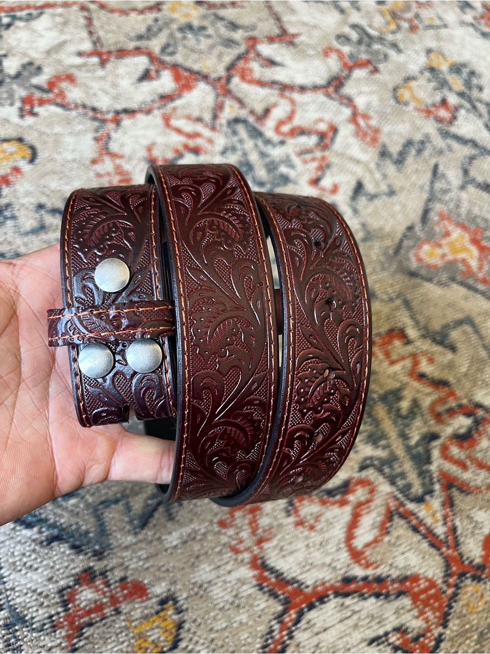 Embossed Floral Leather Belt in Dark Brown/Burgundy Faux Leather No Buckle